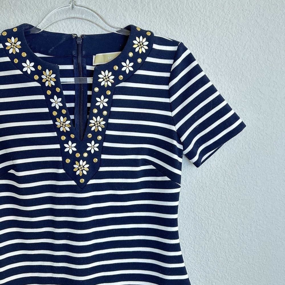 Michael Kors Navy White Stripe Floral Stud Neck Short Sleeve Sheath Dress Sz  XS